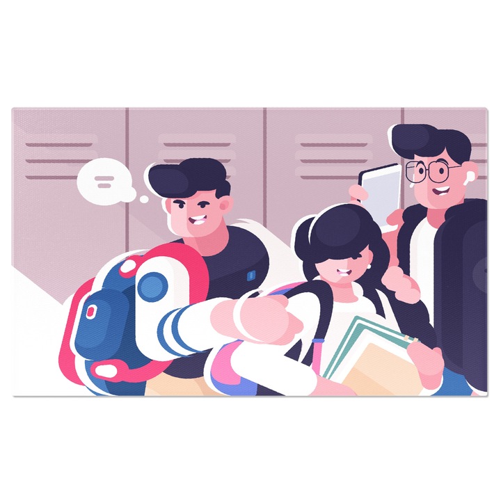 Tablou Canvas Elevii din Liceu cu Ghiozdane in Spate, Doi Baieti si o Fata langa Vestiarele de pe Holul Liceului 40x25CM