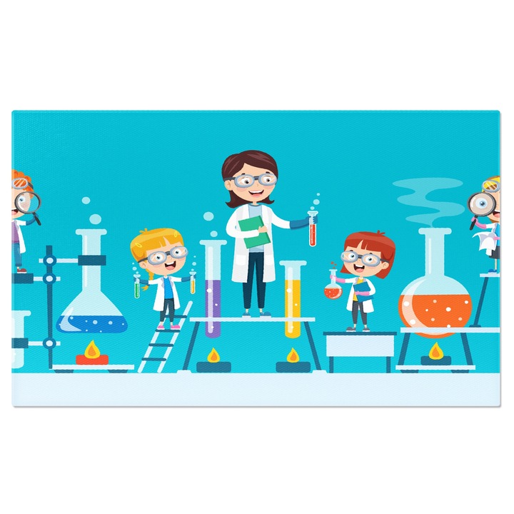 Tablou Canvas Doamna Profesoara de Chimie se Distreaza cu Copiii Invatand Reactiile Chimice Distractive 40x25CM