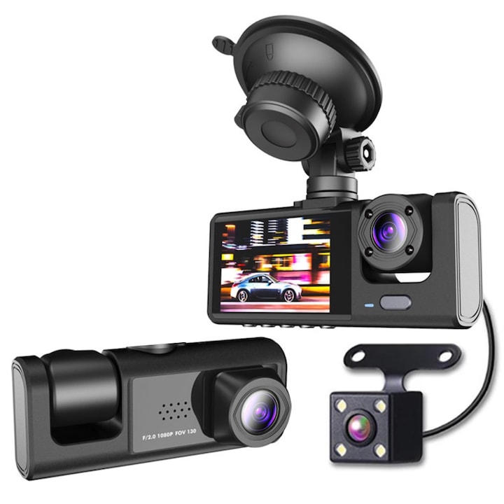 Видеорегистратор AZERON Full HD 1080P, 3 лещи, 170° ъгъл на запис, IPS дисплей 2", нощно виждане, двоен аудио и видео запис, цикличен запис, G-сензор, детекция на движение, черен
