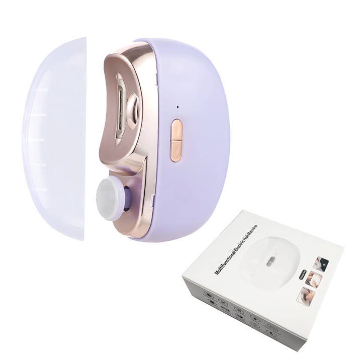 AZERON® körömeszköz manikűrhöz, többfunkciós 2 az 1-ben, elektromos, vágás és reszelés felnőtteknek vagy gyerekeknek, LED, 2 sebességes, hordozható, USB C töltés, lila