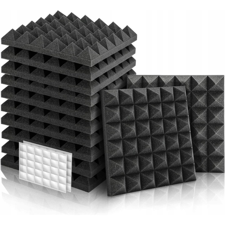 Set 12 panouri Acustice KUCHO Piramidki, Absorbtie Sunet, Autoadezive, Negru, 30x30x5cm