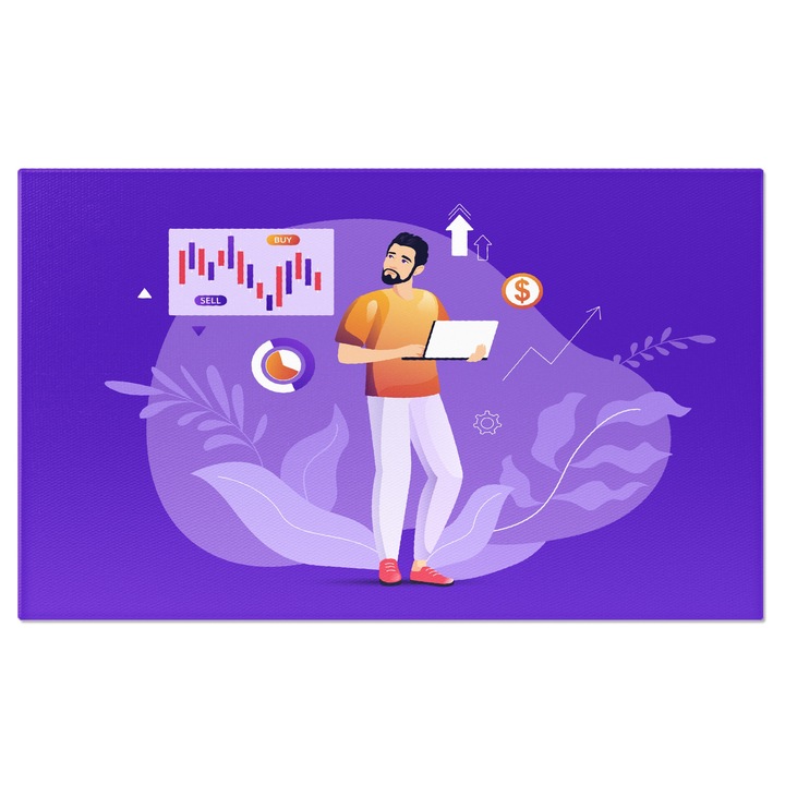 Tablou Canvas Lucrator in Lumea Online cu Ilustrarea Incasarilor Banilor si a Pierderilor in Camera Mov 90x60CM