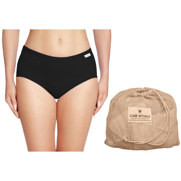 Комплект Femieko, торбичка за пране на бельо и менструални бикини от органичен памук и силно абсорбиращ коноп IDA, размер M, за многократна употреба, черен