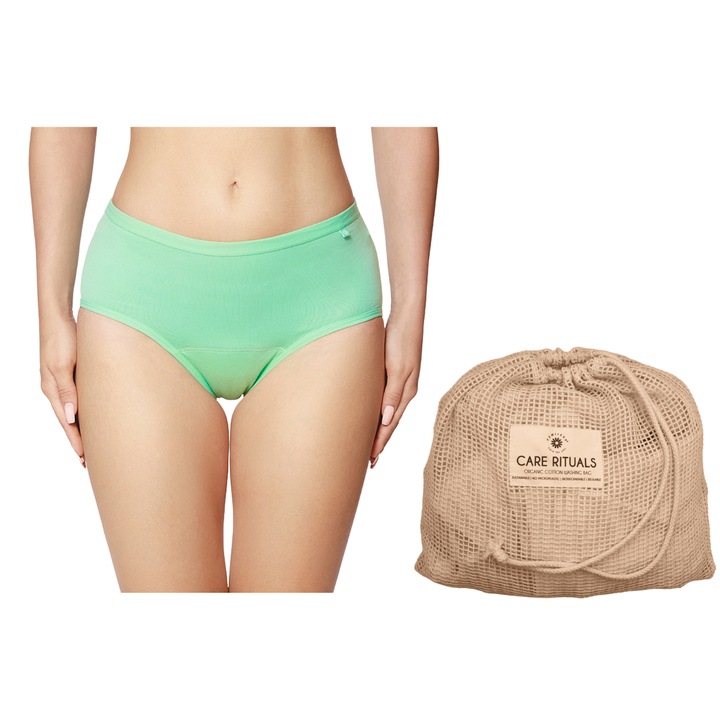 Комплект Femieko, торбичка за пране на бельо и менструални бикини от органичен памук и силно абсорбиращ коноп IDA, размер 4XL, за многократна употреба, зелен