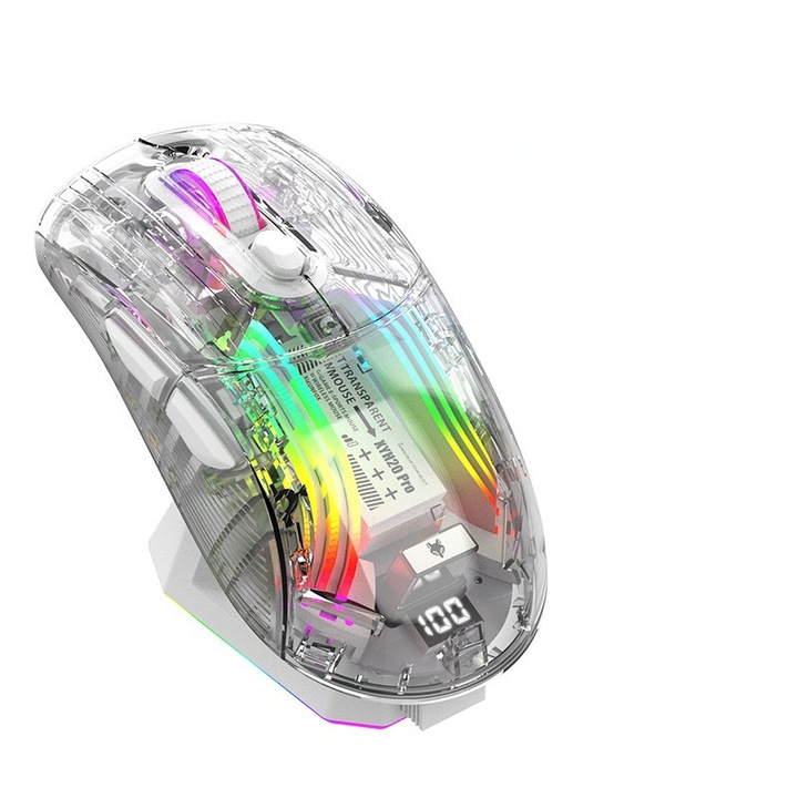 Mouse, efect luminos RGB, suport pentru conexiune Bluetooth, butoane de dezactivare a sunetului, design ergonomic, baterie reincarcabila de mare capacitate, afisare a puterii ecranului