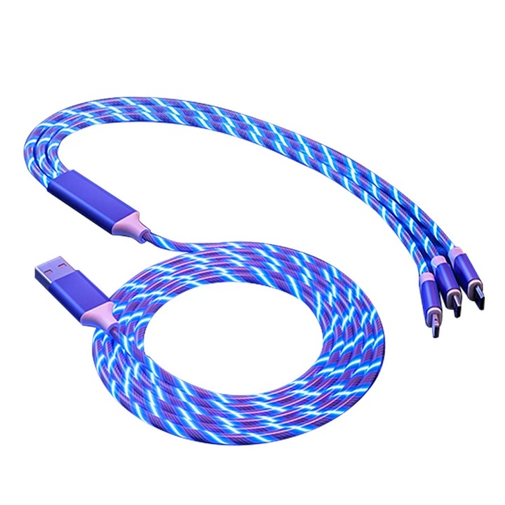 Adatkábel 3 az 1-ben, megvilágított vezetékkel, kék
