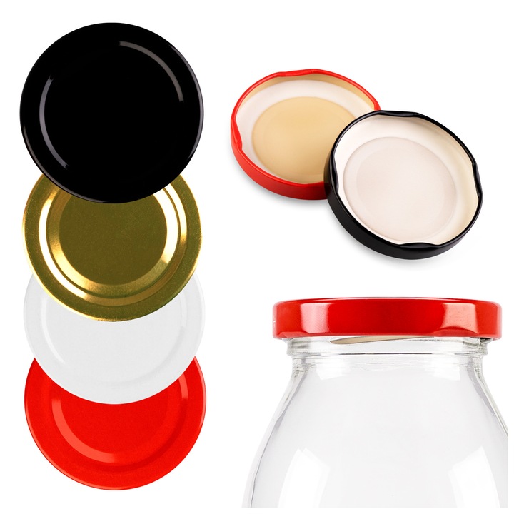 Set Capace Filetate Din Aluminiu, Superbutelki, Diametru 58 mm 4 Cleme, Inaltime 11 mm, Pentru Utilizare In Procesul De Pasteurizare, 58 x 11 mm, Multicolore, 10 Buc