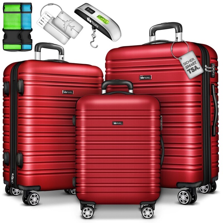 Set trolere pentru voiaj, 3 piese, marimi diferite, M, L, XL, include cantar, curele si eticheta pentru bagaje, maner telescopic, cu incuietoare, rosu