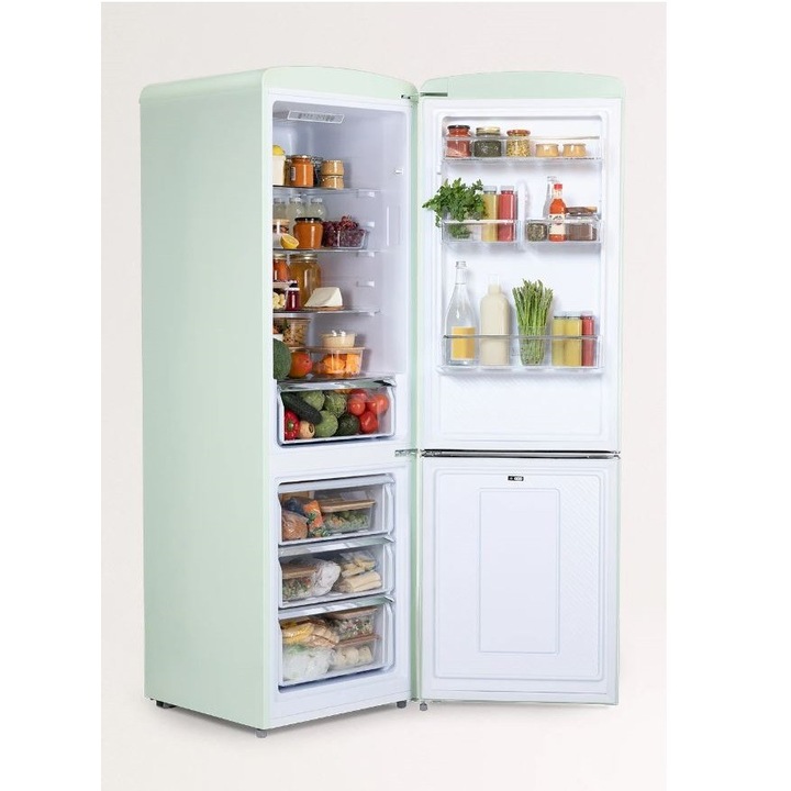 Combina frigorifica Retro No Frost CREATE, capacitate 330 litri, H 190 cm, congelator 96 litri, temperatura reglabila, 4 rafturi din sticla, 3 compartimente pe usa, compartiment fructe/legume, iluminare interioara, maner silver, verde pastel