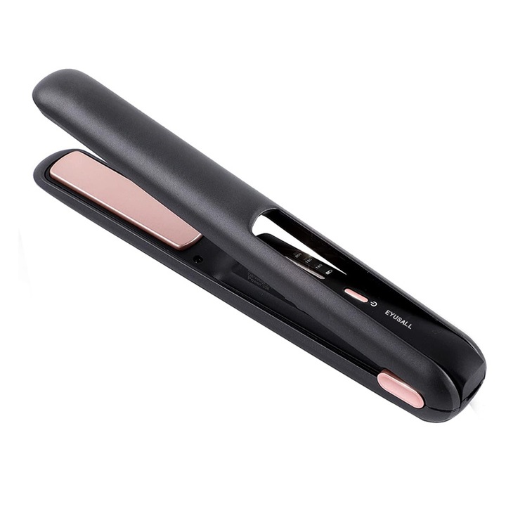 Placa de indreptat parul fara fir, EYUSALL, 3 setari temperatura, Invelis ceramic, 20 min Oprire automata, Indicator LED de incarcare, 4800mAh, Negru