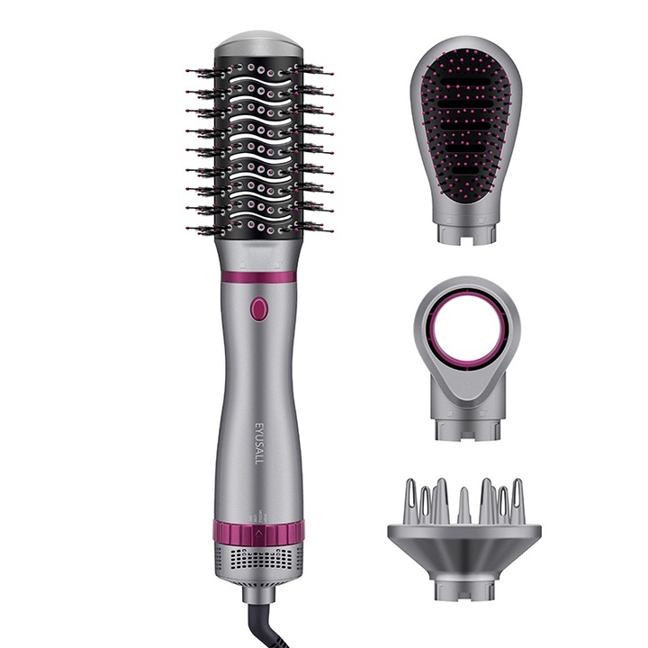 Четка с горещ въздух 4 в 1, EYUSALL, 3 температурни нива, скорост, въртящ се кабел, отрицателна йонизация, 360° сушене и оформяне, мощност 1000-1200W, сива