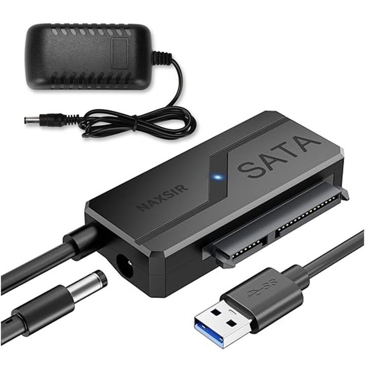Адаптер USB 3.0 към SATA, NAXSIR, за 2,5/3,5 инча HDD/SSD, plug and play, със захранване 12V, 38 см, черен