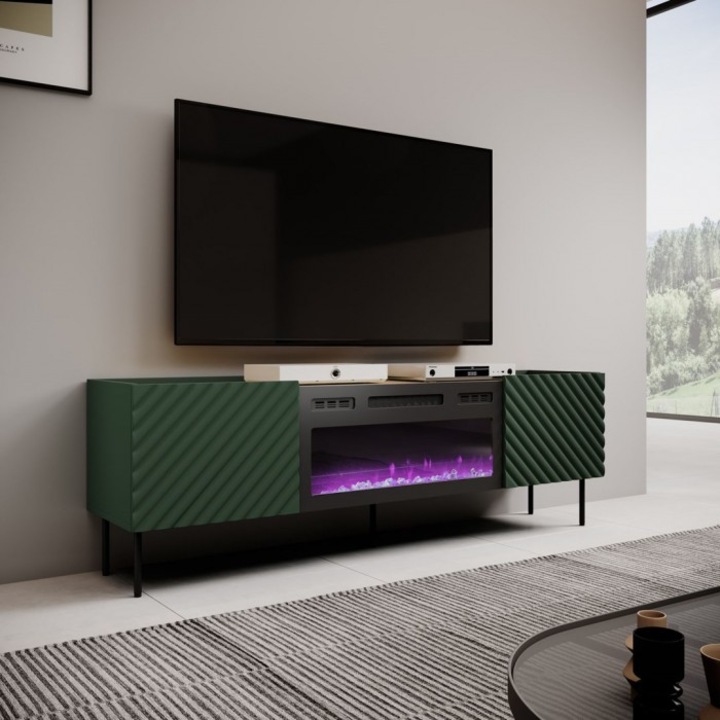 Comoda TV cu semineu electric Cama Meble ONDA, 180.5x40x58.39cm, verde, PAL/MDF