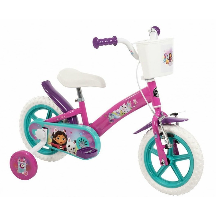 Bicicleta pentru copii Huffy Domek GABBI, 4 roti, cu cosulet si roti ajutatoare, roz/alb, 12 inch