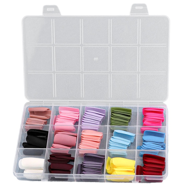 Műköröm QttvbTna, akril, négyzet, többszínű, 360 darabos készlet, 2,55x1,29-3,4x1,3 cm