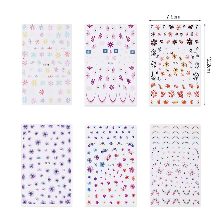 Комплект от 6 листа QttvbTna стикери за нокти, цветни цветя, 12,2x7,5 см