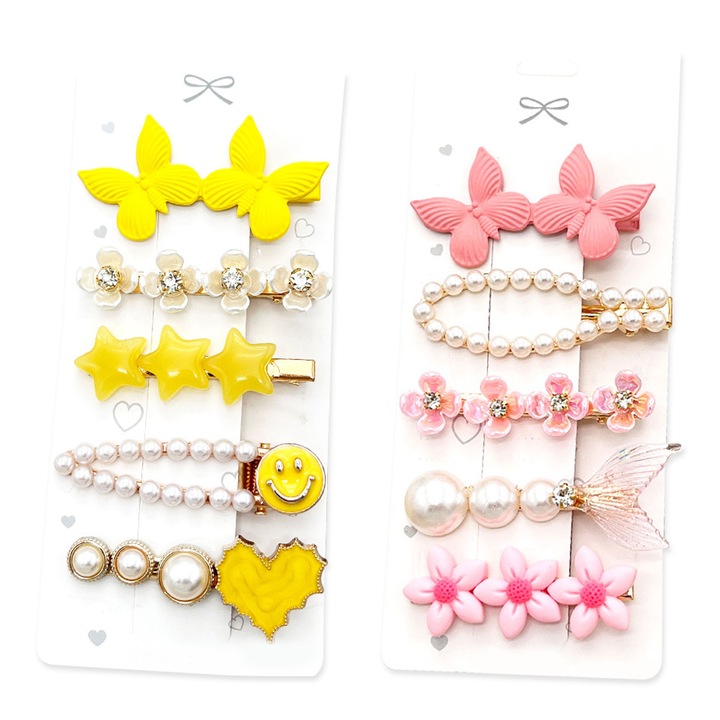 Gyöngyházfényű haj kiegészítő szett: rinocérosz hajcsat, medve hajcsat, törött csat, feliratos hajcsat