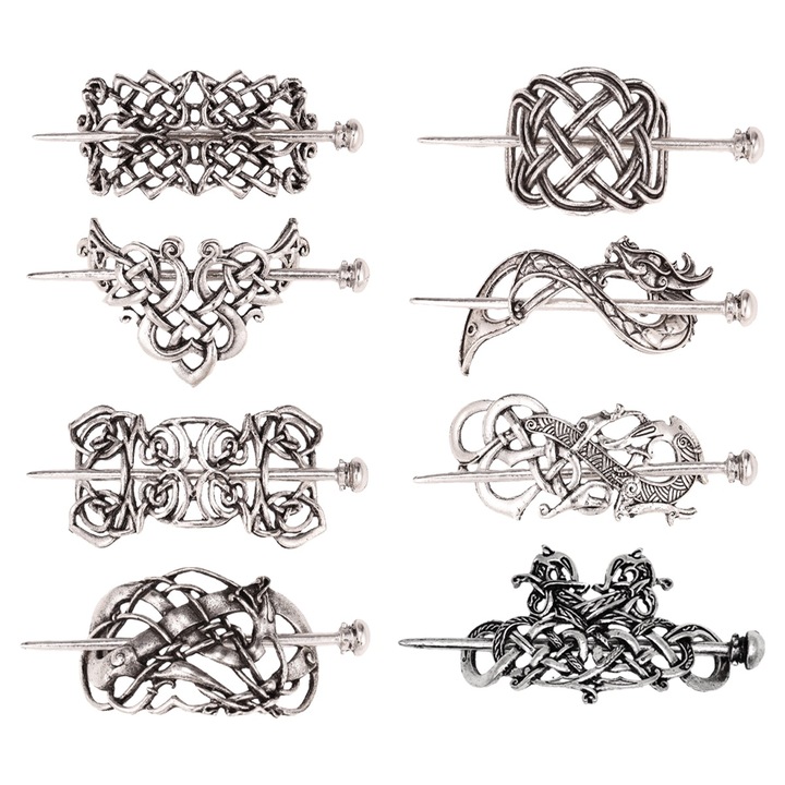 QttvbTna hajcsat készlet, ezüst, 12x5cm, ötvözet, 8 darab