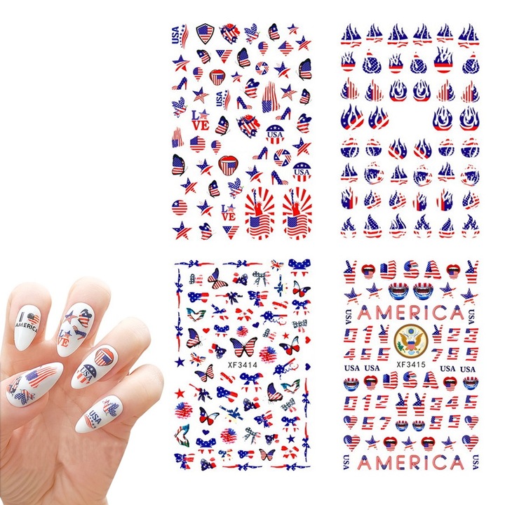 Set autocolante pentru unghii, 4 iulie, colorate, autoadezive, 8 foi, 3.74x2.56 inch