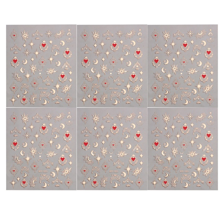 Комплект от 6 QttvbTna 3D стикера за нокти, Златист/червен, 5x7см