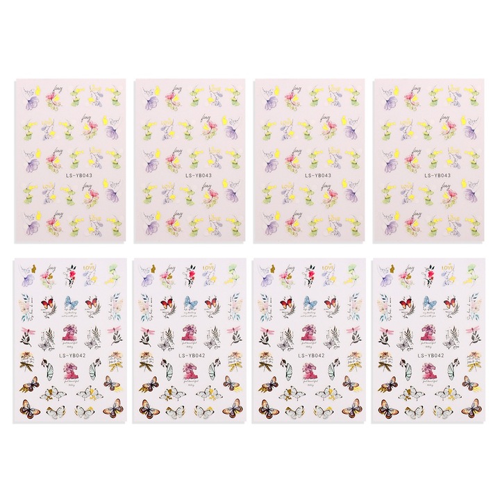 Комплект от 8 фолиа Стикери за нокти QttvbTna, многоцветни, 9.5x6.5cm