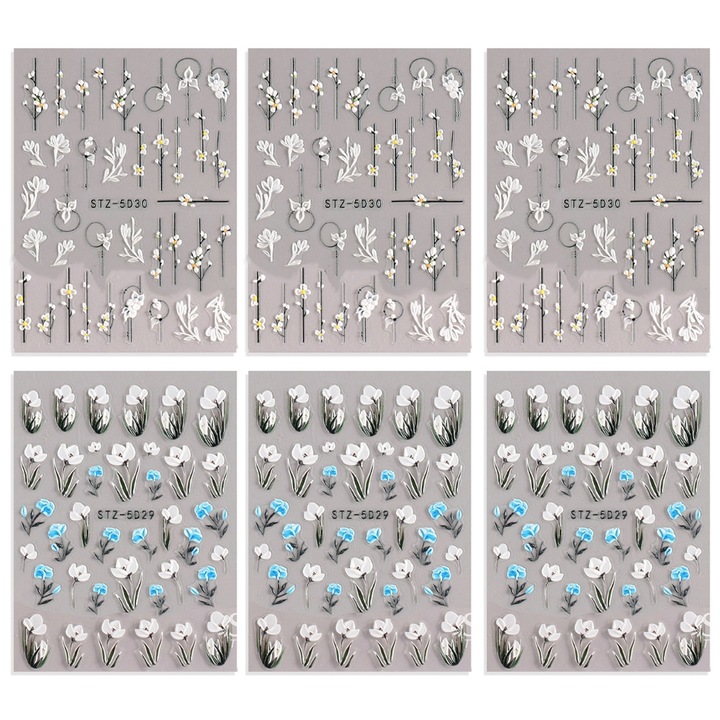 Set 6 foi stickere decorative unghii, flori 3D si dantela, multicolor, 7.8x6x0.1cm