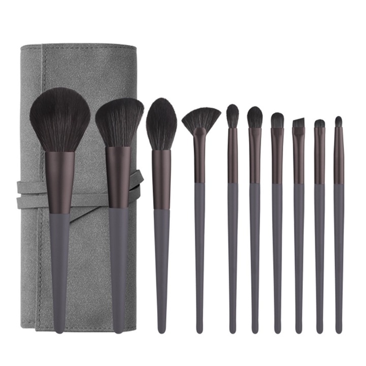 Set pensule machiaj, gri, dimensiuni multiple, cu husa