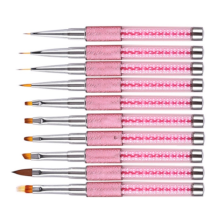 10 db-os körömkefe készlet, QttvbTna, akril kupakkal, 4,2x20,5 cm, rózsaszín