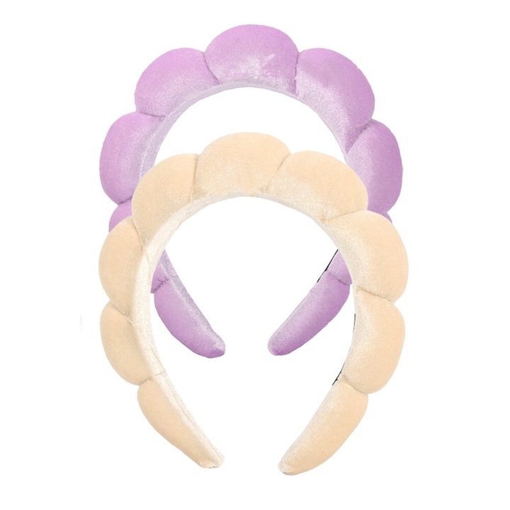 Комплект 2 ленти за глава за грим QttvbTna, 17x19 см, гъба, лилаво/бежово