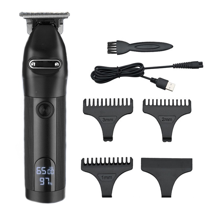 Машинка за подстригване QttvbTna, стоманено T-образно острие, мощен мотор, USB акумулаторна, черна