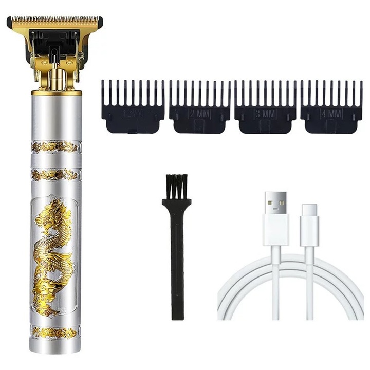 Set aparat de tuns profesional/5 accesorii, T-Blade, rezistent la apa, incarcare rapida USB, multicolor