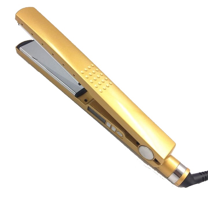Placa de indreptat parul cu tehnologie de reducere a deteriorarii 1.4X si memorie temperatura, 6 temperaturi ajustabile, incalzire rapida 15 secunde, auto-oprire, auriu, Bigudiuri