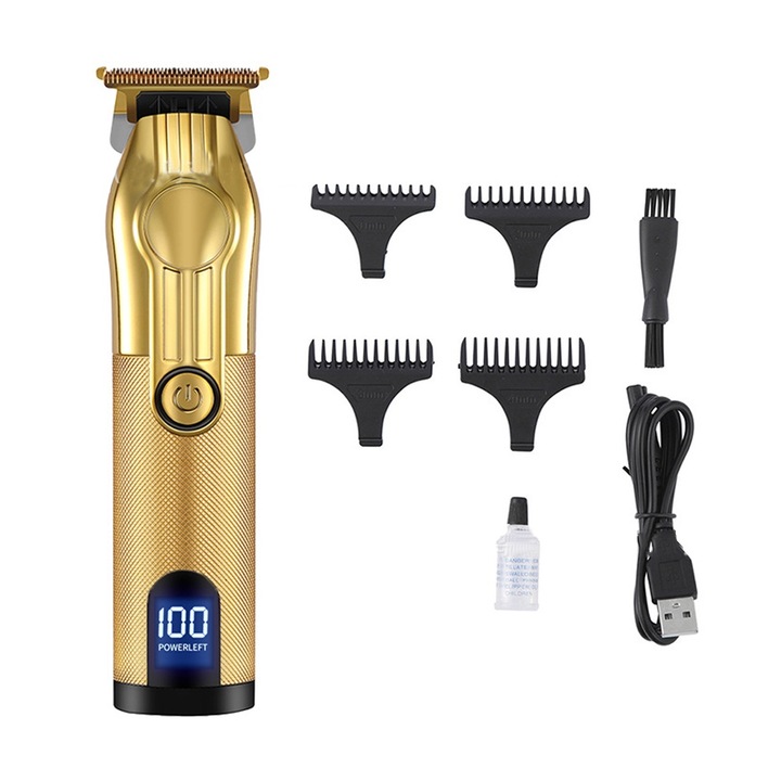 Aparat de tuns, set cu 4 piepteni ghid, incarcare USB, afisaj LED, taietura T-blade, fara fir, negru