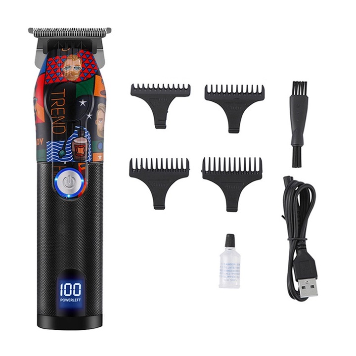 Aparat de tuns, fara fir, cu lame T-inox, LED, set 4 piepteni, incarcare USB, zgomot redus, multifunctional, negru