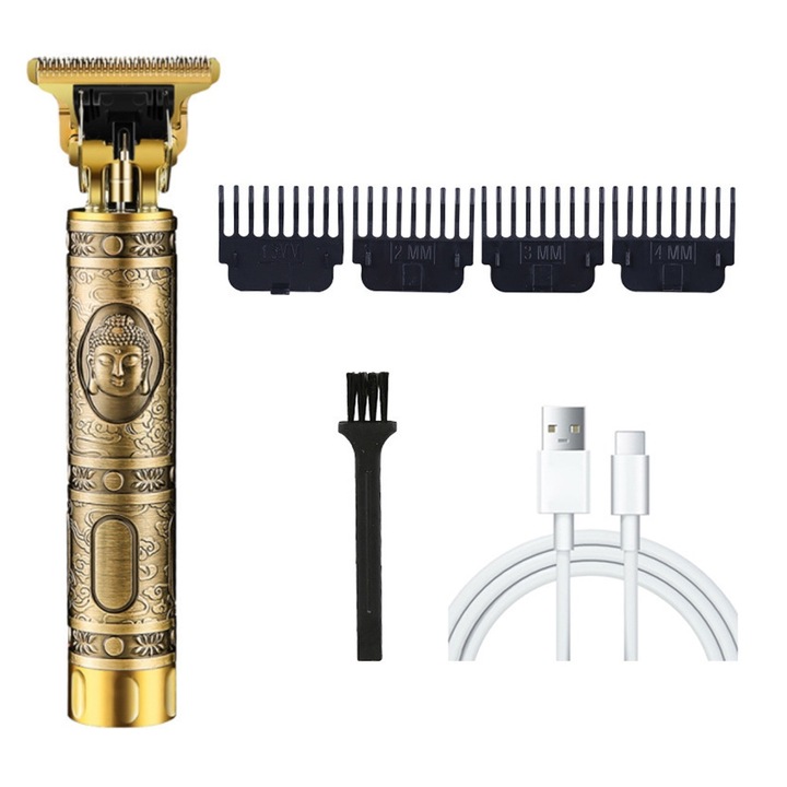 Машинка за подстригване QttvbTna, комплект за мъже и деца, неръждаема стомана, Т-образна форма, 4 гребена за ограничение, USB зареждане, черна