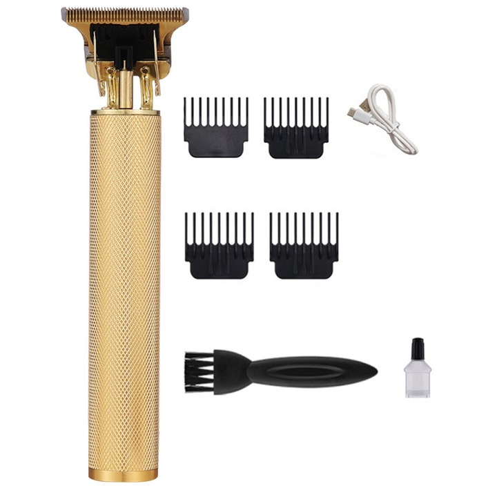 Машинка за подстригване QttvbTna, Титаниеви ножчета, Zero Cut, Преносима, USB зареждане, Комплект от 4 гребена, Черен