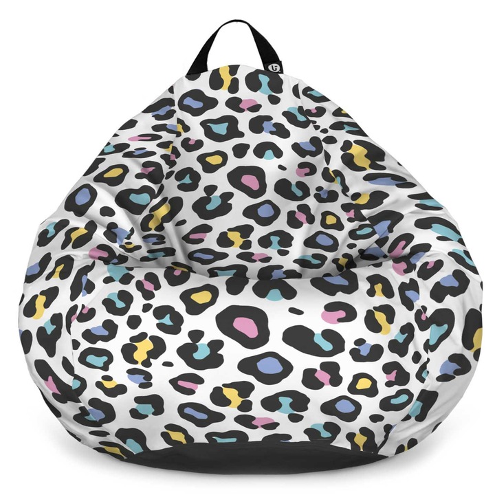 Fotoliu Updeco Puf Bean Bag tip para XL, impermeabil, indoor/outdoor, sac interior, cu maner, 90 x 90 x 60 cm, Leopard Pastel