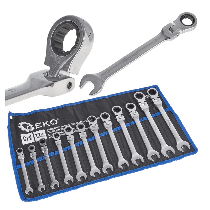 Комплект 12 комбинирани шарнирни ключа, Geko, С тресчотка, 8-19 мм