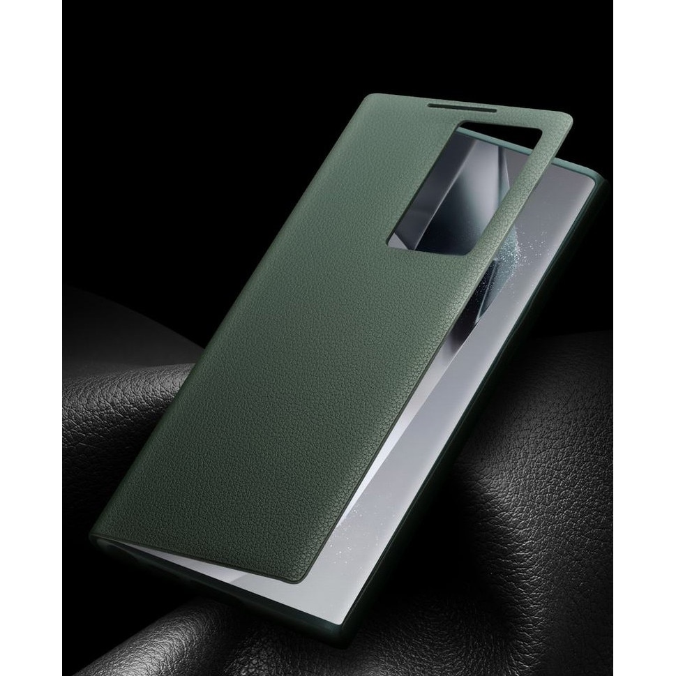 Husa pentru Samsung Galaxy S24 Ultra, slim din piele naturala, smart cover view case, ultra usoara, Qialino Genuine Leather Smart Case, Cyan