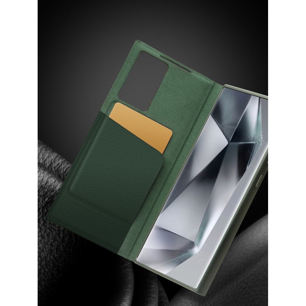 Husa pentru Samsung Galaxy S24 Ultra, slim din piele naturala, smart cover view case, ultra usoara, Qialino Genuine Leather Smart Case, Cyan