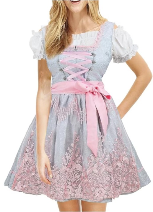 Дамска рокля от 3 части, блуза, сорт, за Октоберфест, карнавал, косплей, сиво/розово, Сив/Розово