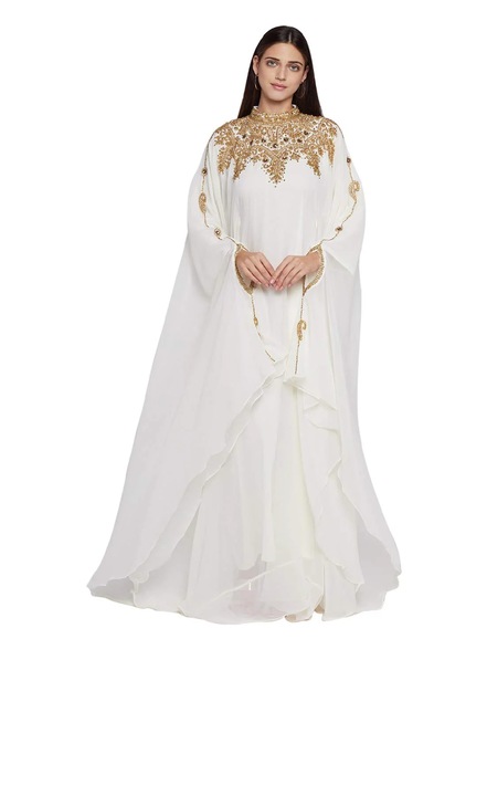 Rochie caftan brodata, ANIIQ, cu hijab, complet acoperita, alb, marime universala, alb cremos