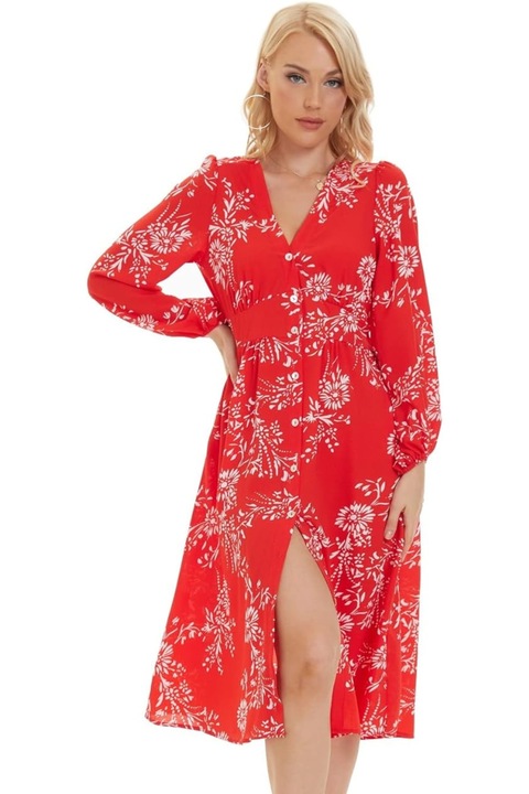 Midi Boho Hosszu Ujju Ruha, Fehér/Élénkpiros