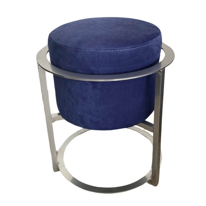 Taburet metalic rotund cu structura realizata din profile de aluminiu vopsite electrostatic, cromat, perna cu structura de lemn imbracata cu burete si imbracaminte exterioara din material textil foarte rezistent, 50 cm inaltime, albastru