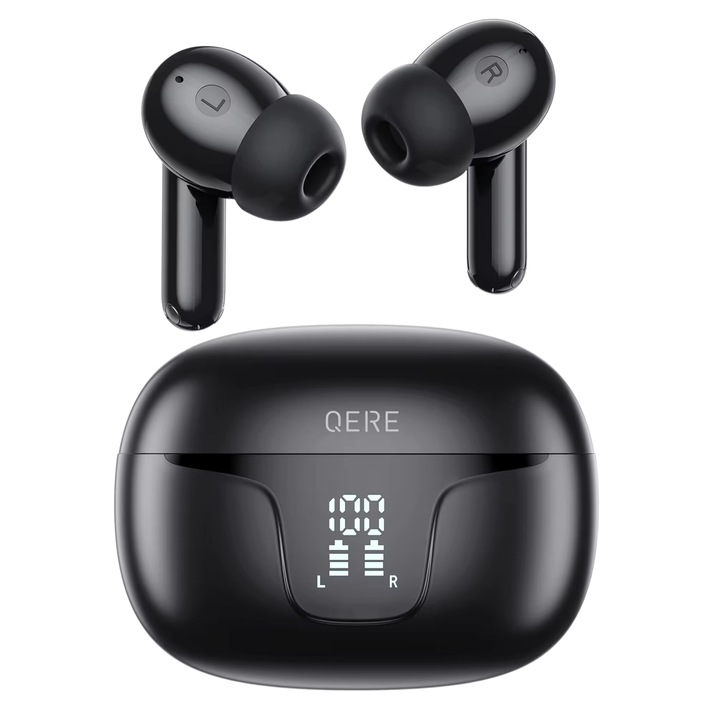 Evolve-x QERE vezeték nélküli fülhallgató, aktív zajszűrés, érintésvezérlés, 4 mikrofon hívásokhoz, mágneses tok, gyorstöltés, Bluetooth 5.3, Casual vagy sport, Android / iOS kompatibilis, fekete