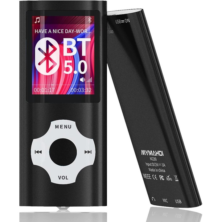 MP3, MP4 lejátszó Bluetooth 5.0 64 GB-os és fejhallgató akár 128 GB tárolókapacitással videó funkcióval, e-könyv, FM rádió, ébresztő