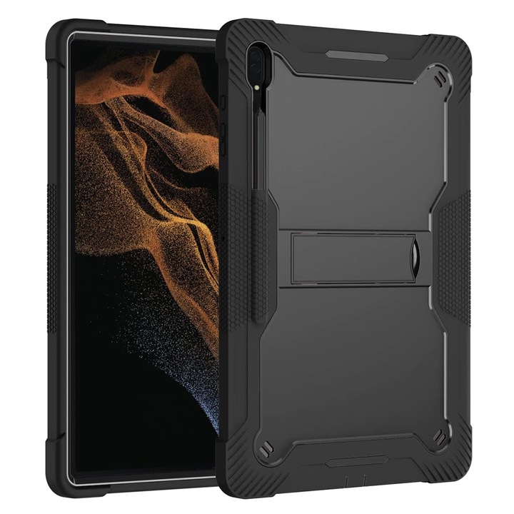 Husa pentru Samsung Galaxy Tab S8 Ultra/S9 Ultra + Folie, R605, Policarbonat, TPU, Sticla securizata, Silicon, Negru