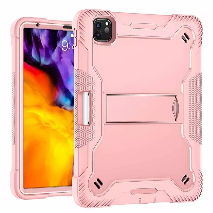 Husa pentru iPad Pro 11 2024 + Folie, R607, Policarbonat, TPU, Sticla securizata, Silicon, Rose Gold