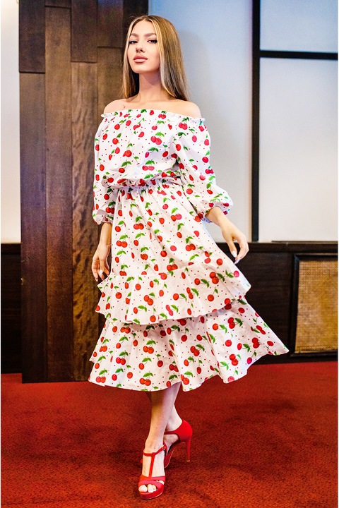 CAMISSI, Rochie midi cu maneci bufante, Rosu/Verde/Alb optic