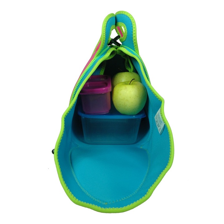 Geanta de gustare Flatbox Plus - roz neon, bordura verde vil.neon, servetel albastru neon